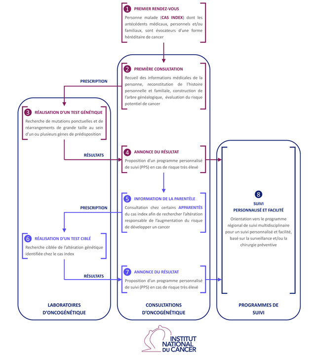 Schématisation du parcours en oncogénétique (Source INCa)